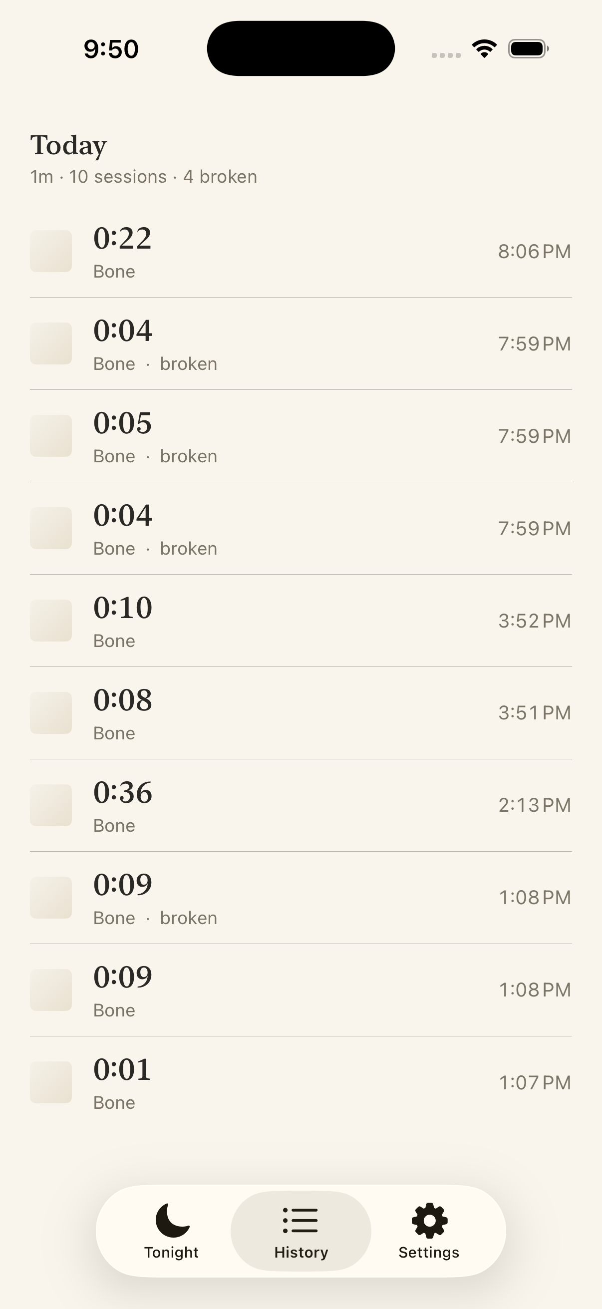 The History screen, showing past sessions grouped by day with stage chips and elapsed times.