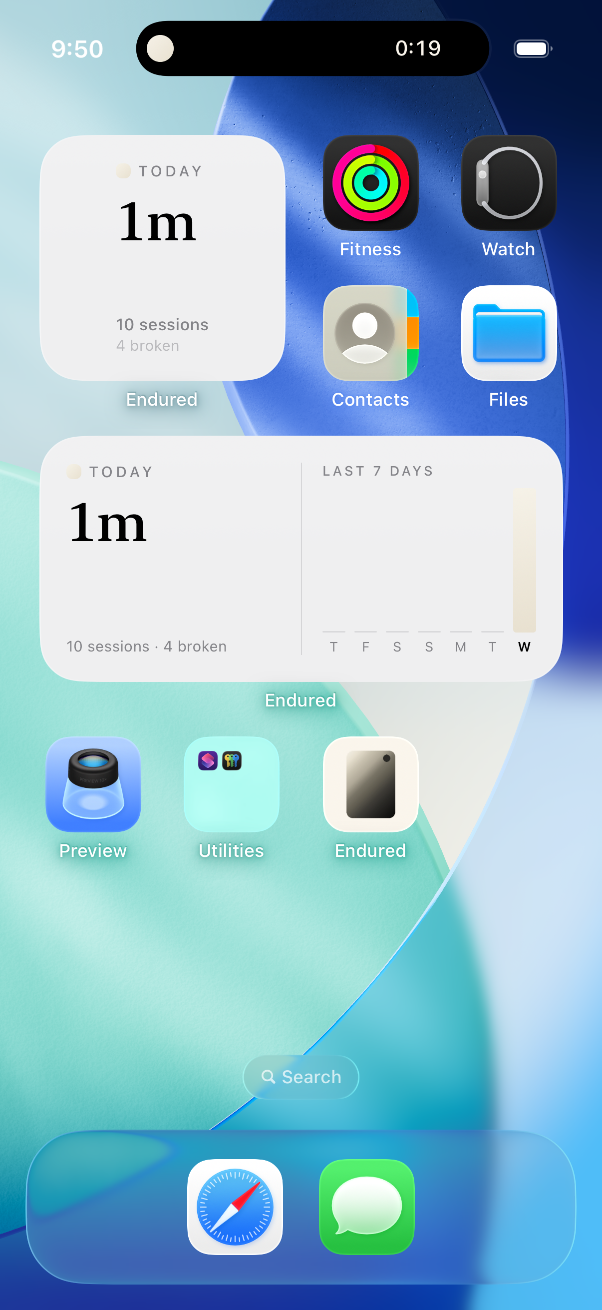 The lock screen showing an active Endured session as a Live Activity, with the gradient backdrop and live-ticking elapsed time.