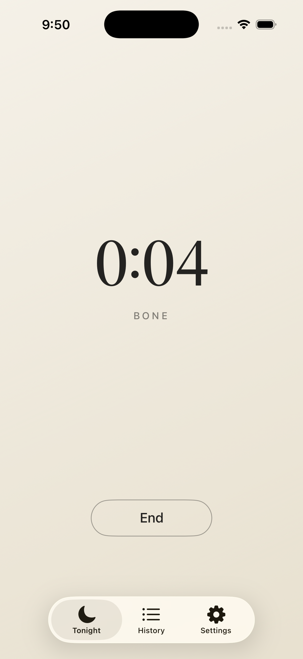 The Tonight screen, mid-session, with a Slate-stage gradient backdrop and the elapsed time in large serif type.